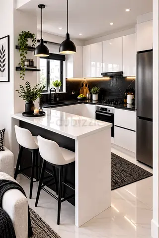 Modern white kitchen with breakfast island and black accents