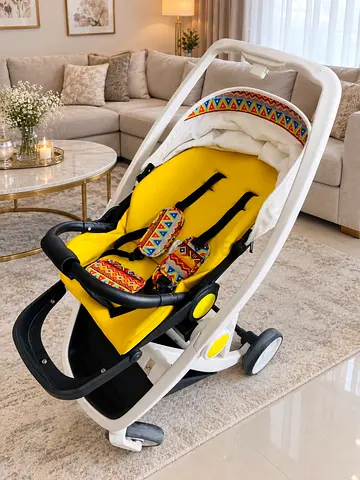 Modern yellow baby stroller/pram with colorful patterned cushions - good condition