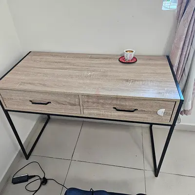 Stylish wooden study table. Office table with 2 drawers and metal frame