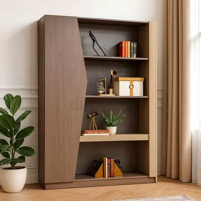 Modern Wooden Bookshelf with Asymmetric Door - 4 Shelves