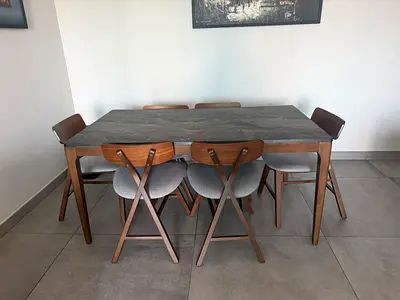 Wooden Dining Table with 6 Matching Chairs - Modern Design, Paid 3000 for Table and Chairs
