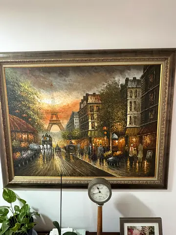 Framed Oil-Style Paris Street Scene Painting with Eiffel Tower