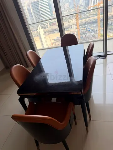 Modern Glass Dining Table with 6 Leather Chairs - Good Condition