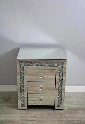 Mirrored 3-Drawer Bedside Table with Crystal Accent