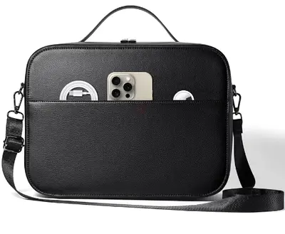 Black Leather Crossbody Briefcase Bag with Shoulder Strap