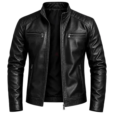 Classic Black Genuine Leather Biker Racer Jacket for Men