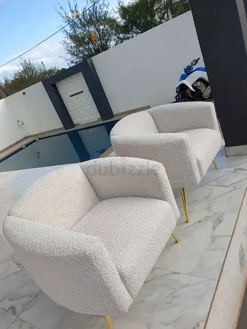 Pair of Cream Bouclé Accent Armchairs with Gold Legs