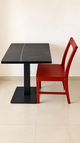 Black Square Café Table with Red Wooden Chair