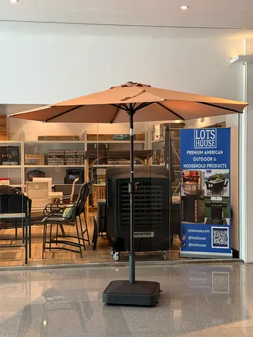 Aluminum Market Patio Umbrella with Auto Tilt, Hand Crank Lift in Beige