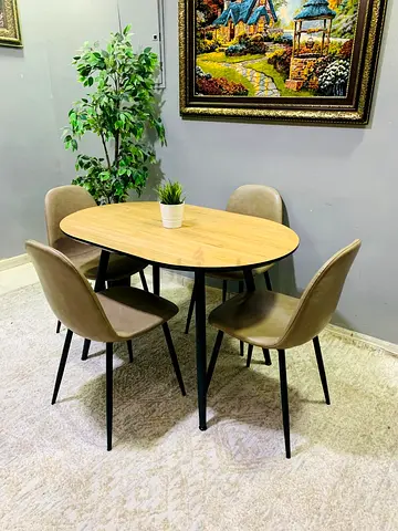 4-Seater Oval Dining Table with Chairs - Light Wood & Black Legs