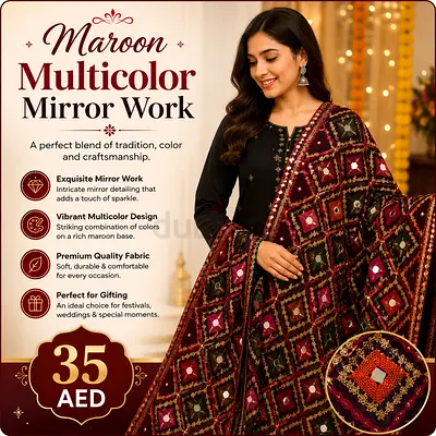 Maroon Multicolor Mirror Work Shawl / Dupatta - Festive Gift