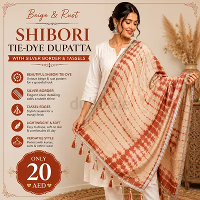 Beige & Rust Shibori Tie-Dye Dupatta with Silver Border & Tassels