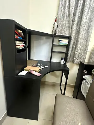 Dark wood corner study desk with shelves - good condition