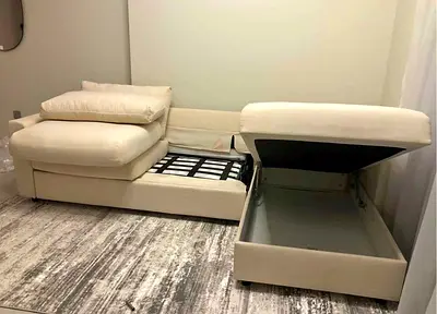 Beige L-shaped Sofa bed with Storage and Chaise - Good Condition vimle