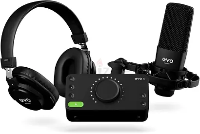 EVO audio interface bundle with condenser microphone and studio headphones.