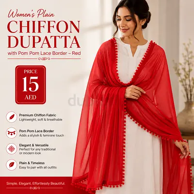 Red Chiffon Dupatta with Pom Pom Lace Border