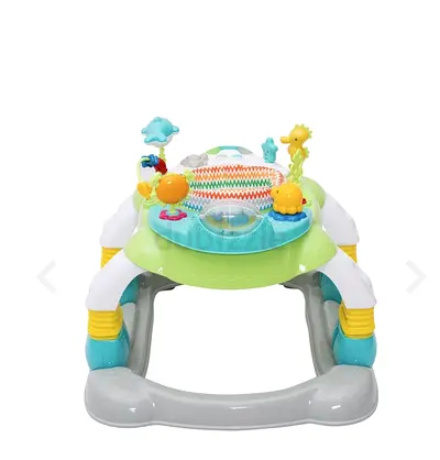 Baby activity walker with interactive toy tray - light green/blue