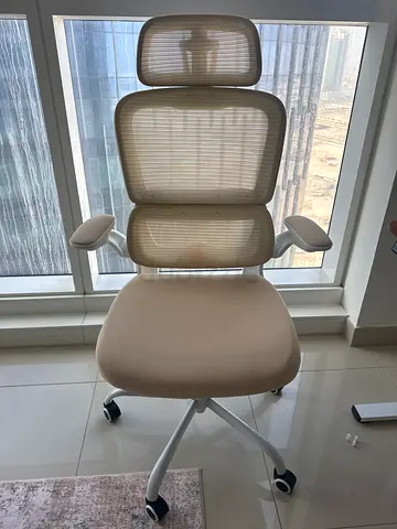 Ergonomic Cream Mesh Office Chair with Headrest and Lumbar Support