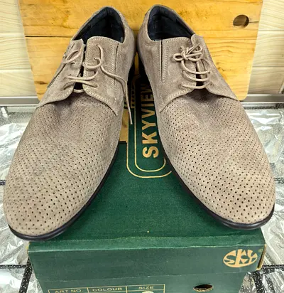 Men's Suede Perforated Lace-up Dress Shoes - Size 43, beige color