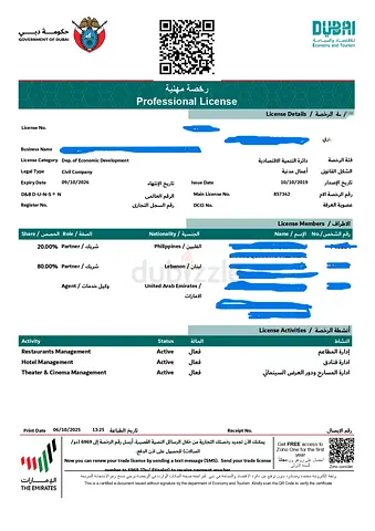 UAE Dubai Professional License (Restaurant and hotel Management) - Document Copy