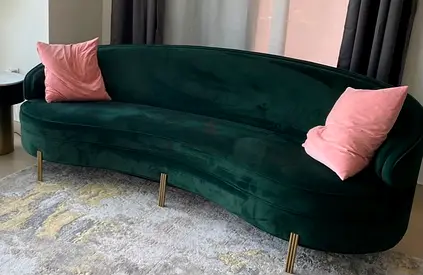 Green Velvet Curved 3 seater Sofa with Gold Legs - Good Condition