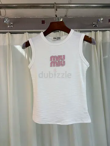 Miu Miu White Sleeveless Ribbed Top with Pink Logo