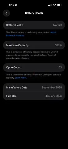 iPhone with 100% Battery Capacity — First Used Jan 2026, 143 Cycles