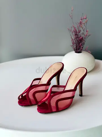 Burgundy mesh and suede open-toe heeled mules - size not specified