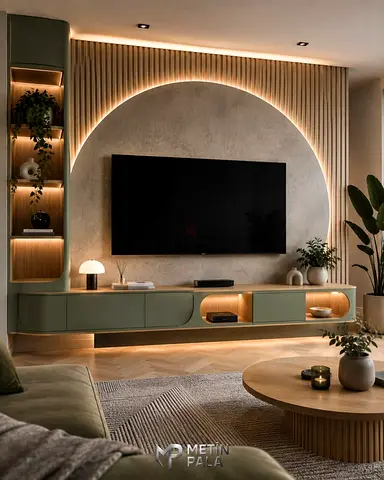 Modern wall-mounted TV entertainment unit with integrated shelving and LED lighting