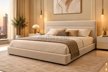 Beige Upholstered Bed with Padded Headboard - Modern Minimalist