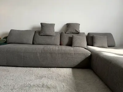 L-shaped Grey Fabric Couch Sofa with Chaise - Excellent Condition
