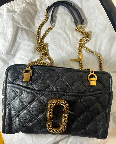 MJ Black Quilted Leather Shoulder Bag with Gold Chain Strap