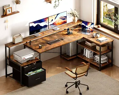 ODK 75" L Shaped Desk with File Drawers, L Shaped Office Desk with Power Outlet & LED