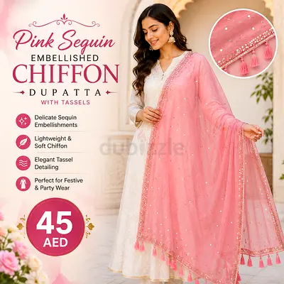 Pink Sequin Embellished Chiffon Dupatta with Tassels