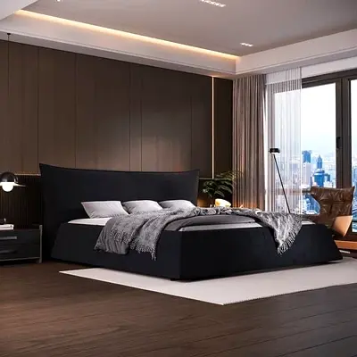 Modern low-profile upholstered king bed with headboard - black