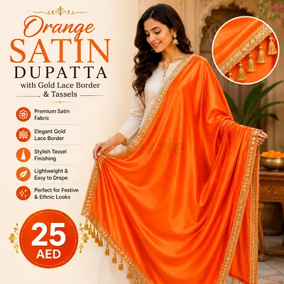 Orange Satin Dupatta with Gold Lace Border and Tassels