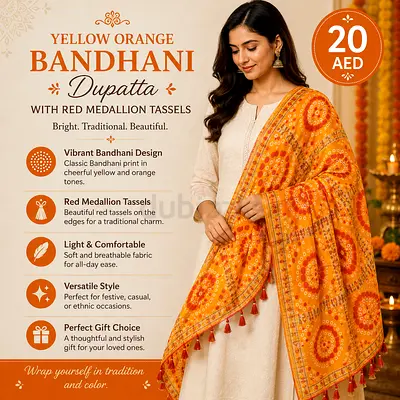 Yellow Orange Bandhani Dupatta with Red Medallion Tassels