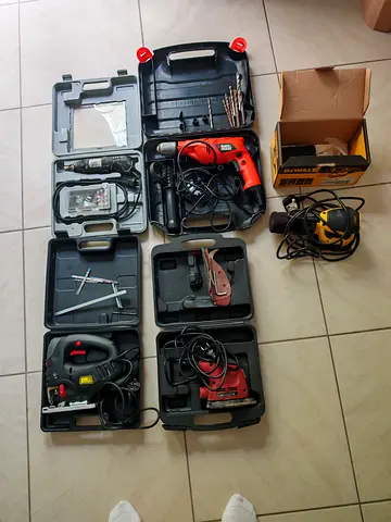 Electric Power Tools with Cases — Drills, Sanders, Jigsaw, Accessories