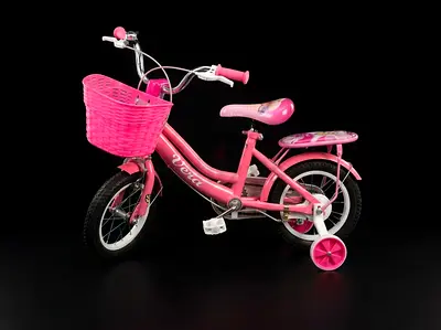 Pink Kids Bicycle with Training Wheels and Front Basket - Small Sizel