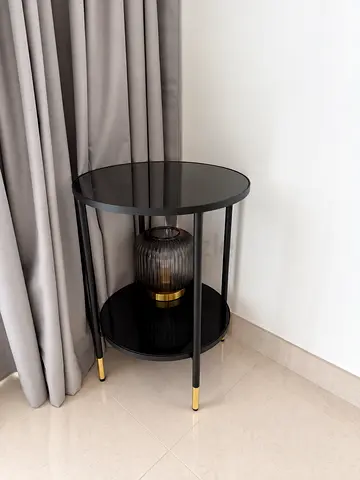 Round Black Glass Side Table with Gold-Tipped Legs - Flawless Condition
