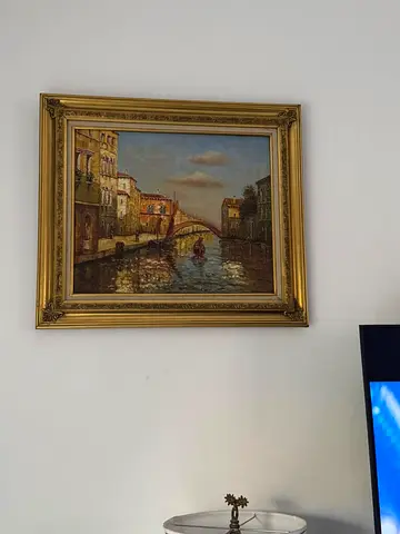 Framed Oil Painting of Venetian Canal with Gondola - Ornate Gold Frame