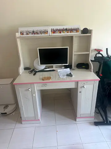 White wooden study desk with hutch and storage - used