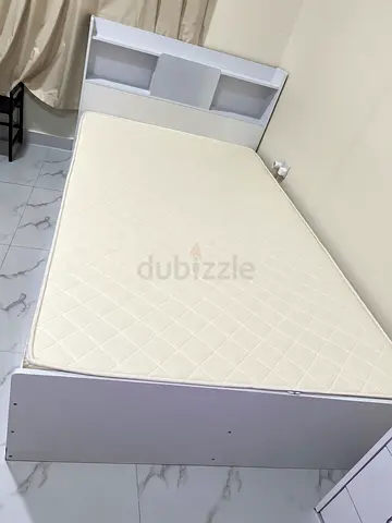 White single bed frame with headboard shelves and mattress -excellent condition