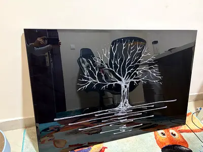 Glass wall art panel with etched tree design