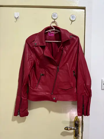 Red faux leather biker jacket - size unknown, gently used
