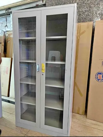 Gray Metal Storage Cabinet with Glass Doors - 2-Panel, 6 Shelves