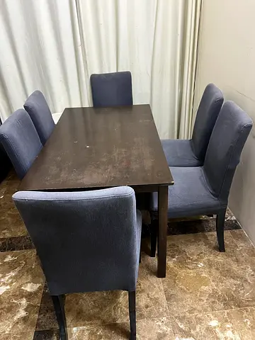 Wooden Dining Table with 6 Upholstered Chairs - Good Condition