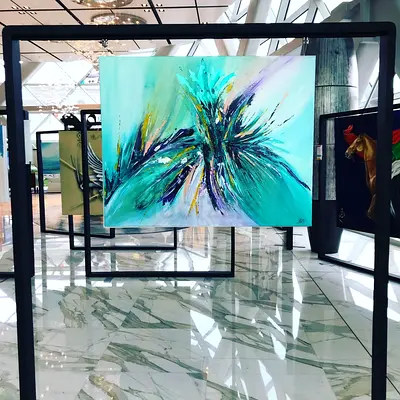 Abstract Teal Floral Acrylic Painting on Canvas — Ready to Hang