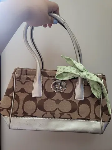 Authentic Brown Coach Signature Tote Bag with Silver Trim