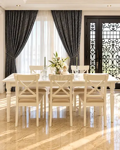 White Wooden 6-Seater Dining Table with Cross-Back Chairs